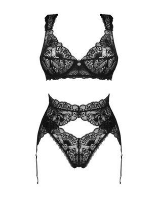 Комплект білизни Obsessive Donna Dream 3-pcs set XL/2XL Black, бюстгальтер, стрінги, пояс для панчіх
