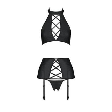 Комплект з еко-шкіри імітація шнурівки Passion NANCY SET XXL/XXXL black топ трусики пояс для панчіх