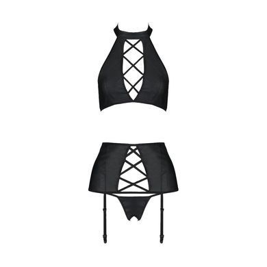 Комплект із екошкіри Passion NANCY SET 6XL/7XL black, імітація шнурівки, топ, пояс для панчіх