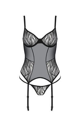Корсет Passion LEAFA CORSET black S/M, м'які чашки, затискачі для панчіх, стрінги в комплекті