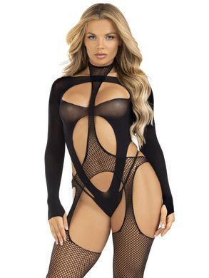 Бодістокінг 2 в 1 Leg Avenue Bodystocking with cutout teddy, One Size, чорний, панчохи-сітки і тедді