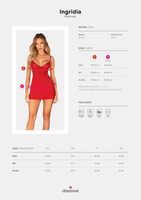 Пеньюар Obsessive Ingridia chemise & thong M/L, червоний, сорочка, стрінги