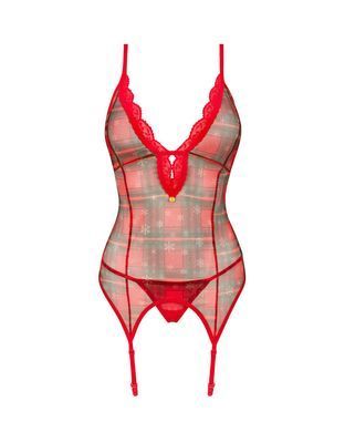 Корсет Obsessive Jollymore corset, XL/2XL, у клітинку, з мереживом, пажі для панчіх, стрінги в комплекті