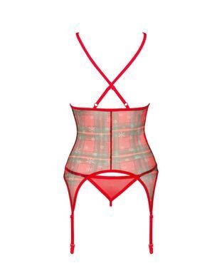 Корсет Obsessive Jollymore corset, XL/2XL, у клітинку, з мереживом, пажі для панчіх, стрінги в комплекті