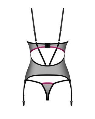 Корсет Obsessive Novenes corset & thong, XL/2XL, прозорий, відкрита спина, стрінги в комплекті