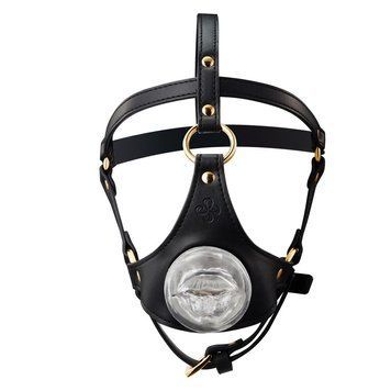 Маска-збруя для мінету LOCKINK SEVANDA Blowjob Head Harness, чорна, з м&rsquo;якою вставкою у вигляді губ