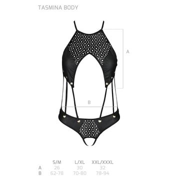 Боді з відкритим доступом Passion TASMINA BODY XXL/XXXL, black, екошкіра, шнурівки, ажурні мережива