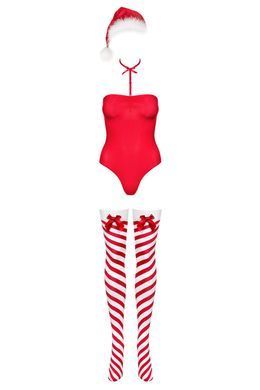 Тедді Obsessive Kissmas teddy, S/M, червоне, без бретелей, чокер, панчохи та шапка з помпоном у наборі