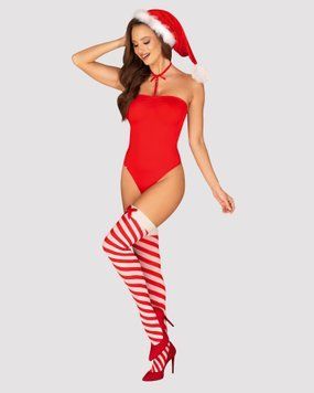 Тедді Obsessive Kissmas teddy, S/M, червоне, без бретелей, чокер, панчохи та шапка з помпоном у наборі