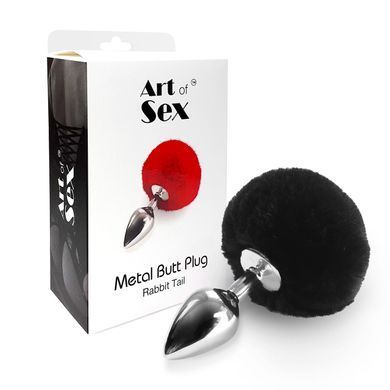 Металева анальна пробка М Art of Sex - Metal Butt plug Rabbit Tail Black, діаметр 3,4 см