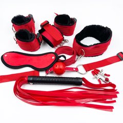 Набор БДСМ красно-черн мех(плеть, зажимы, кляп, маска, оковы, поножи, ошейник, поводок)