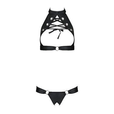 Комплект із екошкіри Passion MALWIA SET with Open Bra 4XL/5XL black, топ та трусики з люверсами