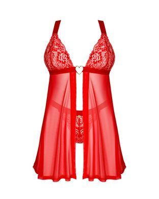 Бебі-дол Obsessive Elianes babydoll & thong, M/L, червоний, мереживний ліф, трусики-танга в наборі