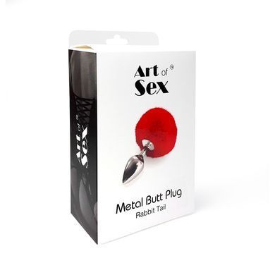 Металева анальна пробка М Art of Sex - Metal Butt plug Rabbit Tail Red, діаметр 3,4 см