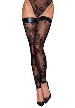 Панчохи без миска Noir Handmade F243 Tulle stockings with patterned flock embroidery, XL